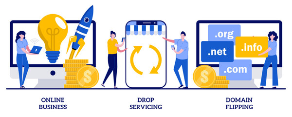 Obraz na płótnie Canvas Online business , drop servicing, domain flipping concept with tiny people. Business opportunity, outsource, drop shipping, web hosting, social media sales, promotion abstract vector illustration set