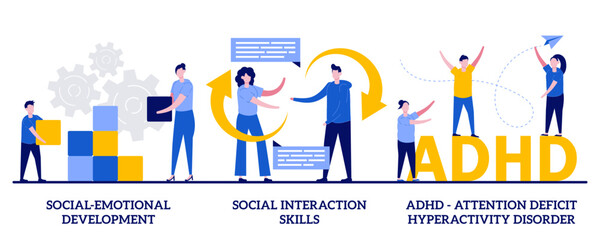 Social-emotional development, social interaction skills, ADHD - attention deficit hyperactivity disorder concept with tiny people. Child psychology abstract vector illustration set