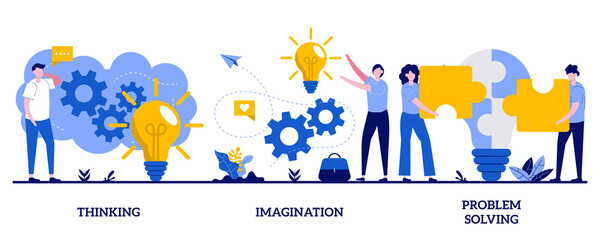 Thinking, imagination, problem solving concept with tiny people. Brain activity abstract vector illustration set. Brainstorming, idea and fantasy, motivation and inspiration, find solution metaphor - obrazy, fototapety, plakaty