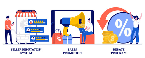 Seller reputation system, sales promotion, rebate program concept with tiny people. E commerce abstract vector illustration set. Online store discounts, internet shopping metaphor