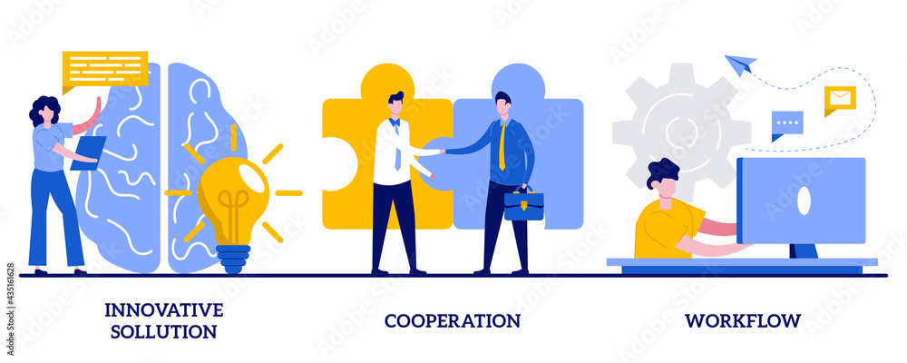 Poster innovative solution, cooperation, workflow concept with tiny people. effective work abstract vector 
