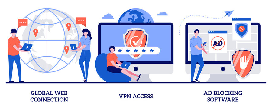 Global web connection, VPN access, Ad blocking software concept with tiny people. Network access vector illustration set. Remote proxy server, web browser, IT technology, plug-in extension metaphor