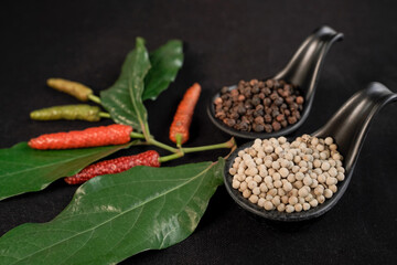 White and black pepper in spoon and with black background, industrial concept
