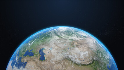3D Blue Earth in Blue Galaxy Bottom Position on Space Screen