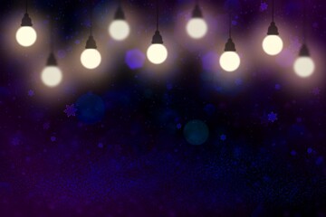 Fototapeta na wymiar wonderful bright glitter lights defocused bokeh abstract background with light bulbs and falling snow flakes fly, holiday mockup texture with blank space for your content