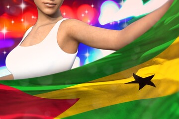 beautiful lady holds Sao Tome and Principe flag in front on the party lights - flag concept 3d illustration