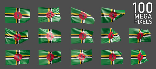 14 various pictures of Dominica flag isolated on grey background - 3D illustration of object