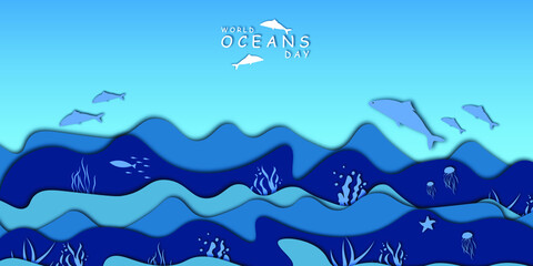 World ocean day vector illustration Web page design template in paper cut underwater ocean view.