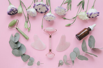 Face rollers, gua sha massagers and a bottle of essential oil on pink pastel background with eucalyptus branches and eustoma flowers. Natural treatment concept. Home spa theme.