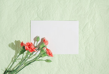 Envelope with carnation flowers on pastel green background. Greeting and festive concept. Arrangement theme. Flat lay, top view