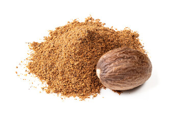 handful of nutmeg seed and powder on white
