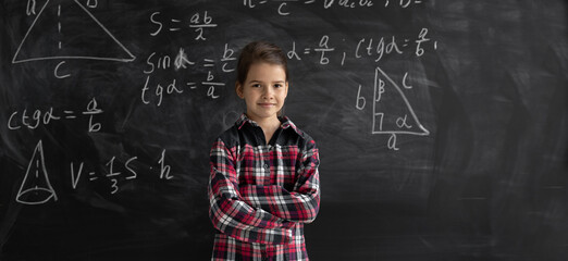 a schoolgirl girl in a shirt stands at the chalk board against the background of mathematical formulas. concept back to school. Copy space.