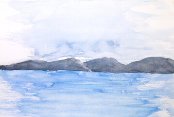 watercolor painting sea landscape and mountain.