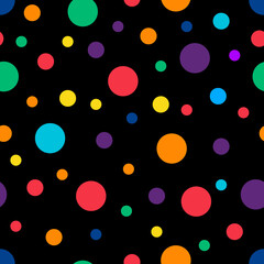 Seamless pattern. Black background with colorful circles . Vector illustration.	