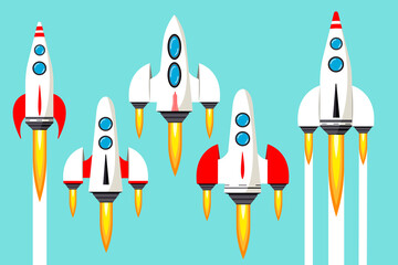 Rocket launch into space. Concept of an idea, a startup. Upward movement. Vector illustration in flat style.