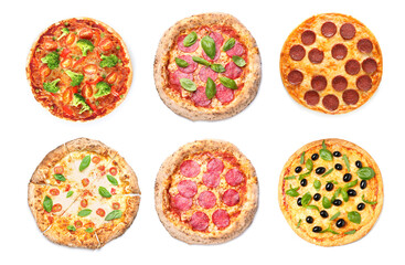 Fototapeta na wymiar Set of delicious pizzas on white background