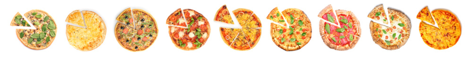 Set of delicious pizzas on white background