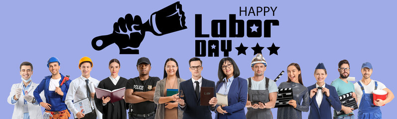 Many people of different professions and text HAPPY LABOR DAY on color background