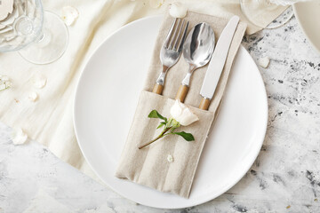 Beautiful table setting on light background