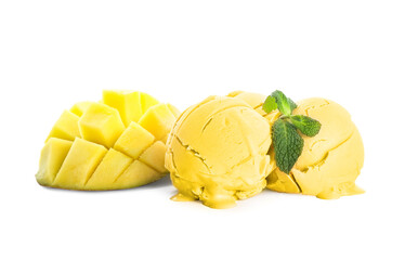 Tasty mango ice cream on white background
