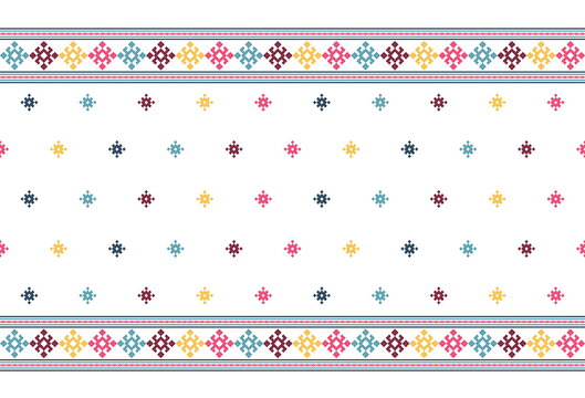 Rhombic Embroidered Seamless Pattern, Rhombus Stiches In Pink, Yellow,blue,red On White Background, Sign Of Permanent Victory, Brilliant Diamond. Vector Illustration. For Printing On Fabric Or Wallper