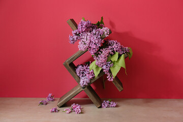 Beautiful lilac flowers and decor on color background