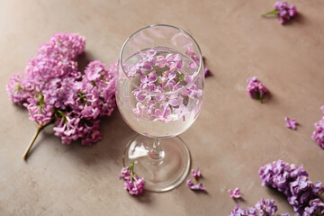 Glass with beautiful lilac flowers on grey background