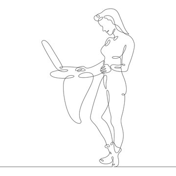 One Continuous Line Logo. Female Character Working At Laptop. Designer And Programmer Woman In The Office At The Table. Remote Work On A Laptop Online. One Continuous Drawing Line.Woman Worker.