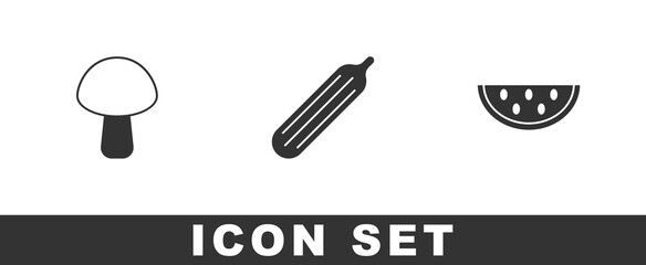 Set Mushroom, Fresh cucumber and Watermelon icon. Vector