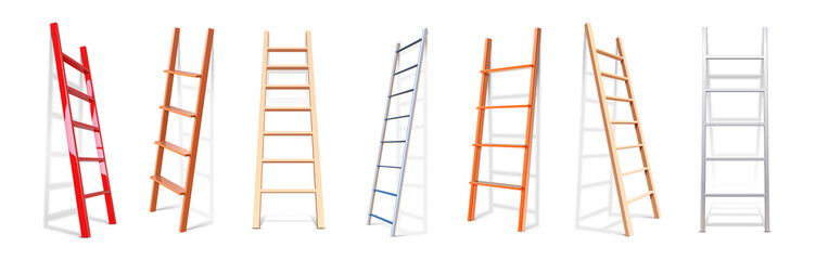 Realistic staircase. 3D wooden or metal stairs constructions. Isolated stepladders lean on wall. Repairs equipment for climbing. Building tools set. Vector ladders with shadow effect
