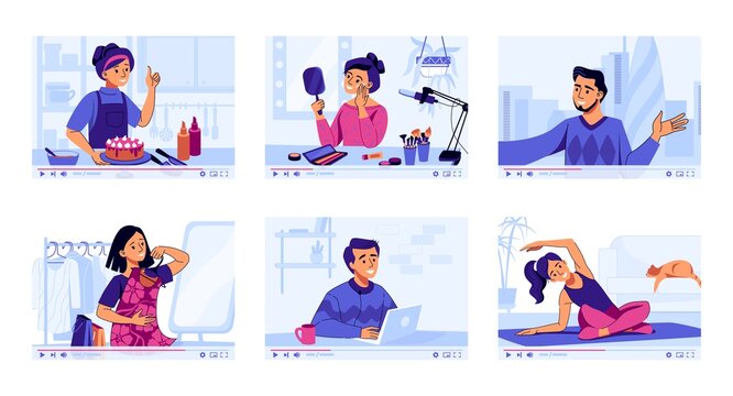 Video channel. Cartoon vlog. Cooking and travel blogs. Internet content about fashion or beauty. Multimedia player. Education courses set. Vector vloggers record reviews and tutorials