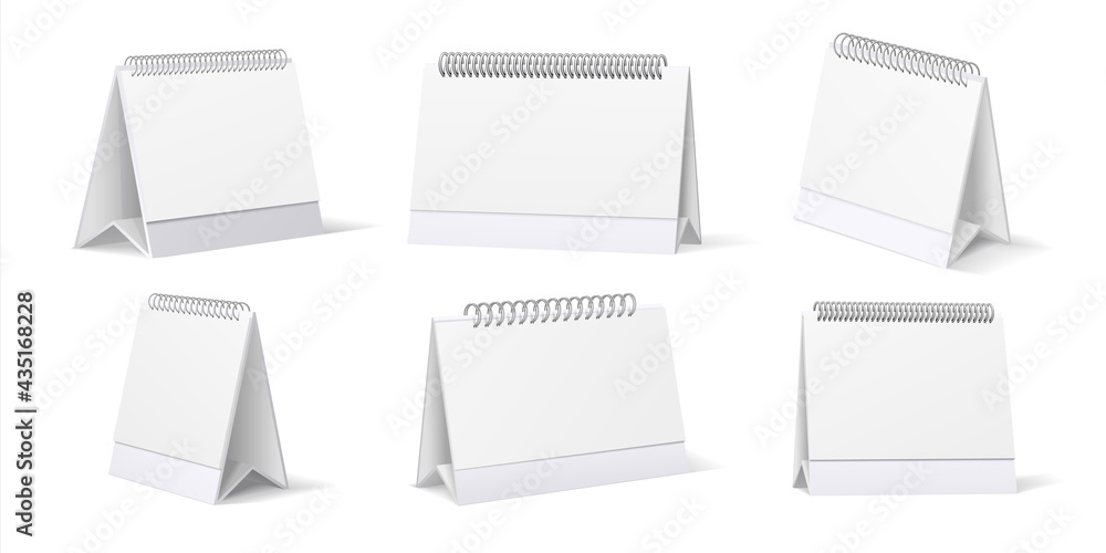 Aufkleber desk calendar. realistic table stand mockup with pages and spiral springs. 3d office organizers set.