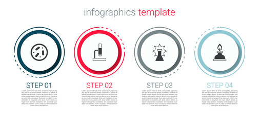 Set Petri dish with bacteria, Microscope, Chemical explosion and Alcohol or spirit burner. Business infographic template. Vector