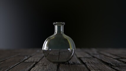 Obraz na płótnie Canvas round bottle on wooden table photo realistic 3D rendering background
