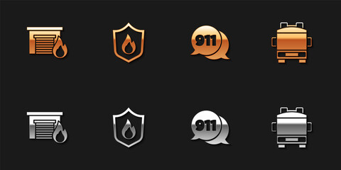 Set Fire in burning garage, protection shield, Telephone call 911 and truck icon. Vector