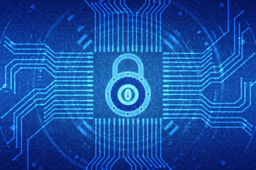 Closed Padlock on technology background, Technology security concept. Modern safety digital background. Lock Protection system, Cyber Security or internet network protection
