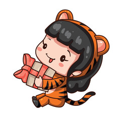 Vector illustration of cute chibi character isolated on white background. Cartoon girl in tiger costume for chinese new year 2022. Little girl with gift box.
