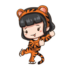 Vector illustration of cute cartoon girl. Kawaii chibi character isolated on white background. Cartoon girl in tiger costume for chinese new year 2022. Ice skating girl.