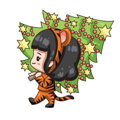 Vector illustration of cute chibi character isolated on white background. Cartoon girl in tiger costume for chinese  new year 2022. Girl with christmas tree.