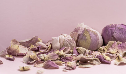 Rose flower buds and dried petals on pink background. Macro flowers backdrop for holiday brand design