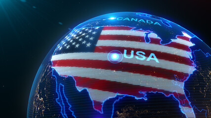 A world map of usa, with USA flag, 3d rendering, - 435169898
