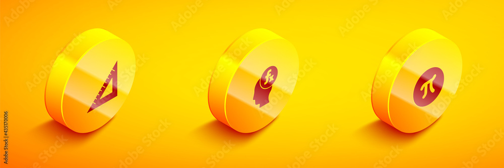 Poster set isometric triangular ruler, function mathematical symbol and pi icon. vector
