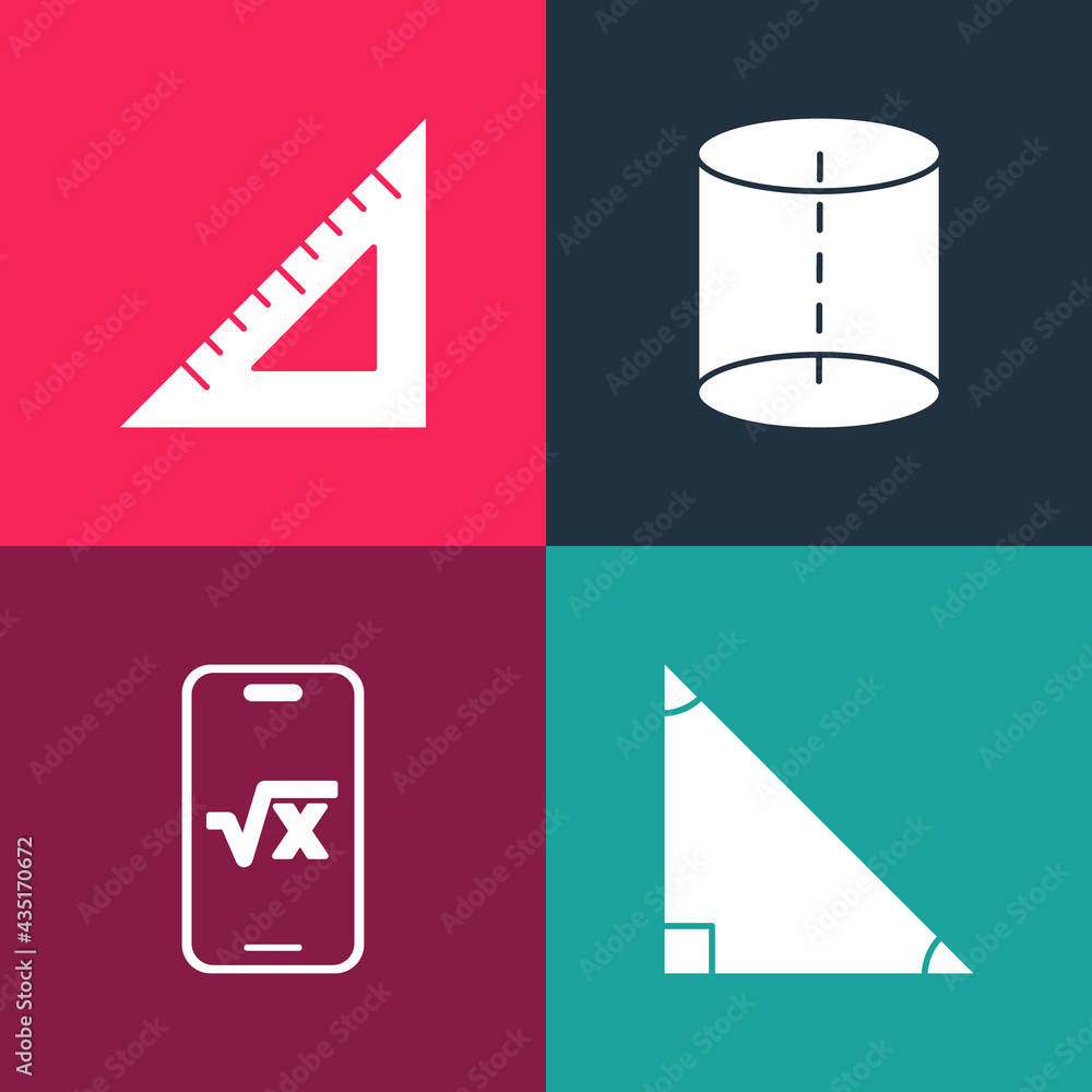 Poster set pop art triangle math, square root of x glyph, geometric figure and triangular ruler icon. vecto
