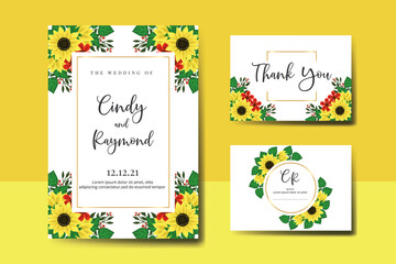 Wedding invitation frame set, digital art hand drawn Watercolor Sunflower design Invitation Card Template