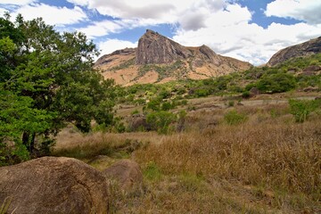 The Chameleon Rock Massif, 1.540 meters high, in the Tsaranovo Valley. Andringitra National Park. Madagascar. Africa.