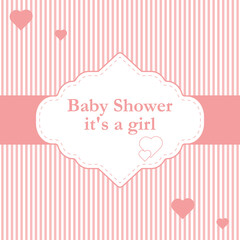 Girl arrival card. Baby shower card. Newborn baby card with heart. Vector illustration. The text is drawn, the text can be deleted