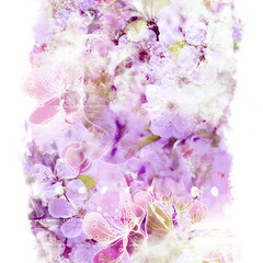 Blooming cherry (sakura) - photo and digital flowers and watercolour texture. Seamless pattern.