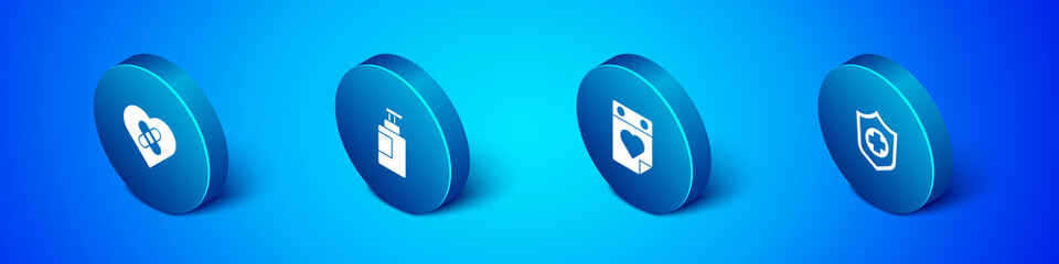 Set Isometric Healed broken heart, Doctor appointment, Life insurance hand and Hand sanitizer bottle icon. Vector