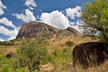 Obraz premium The Chameleon Rock Massif, 1.540 meters high, in the Tsaranovo Valley. Andringitra National Park. Madagascar. Africa.