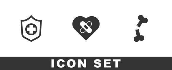 Set Life insurance in hand, Healed broken heart and Human bone icon. Vector
